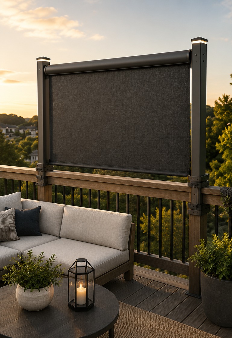 The Enclave privacy shade clamped to a deck railing at dusk